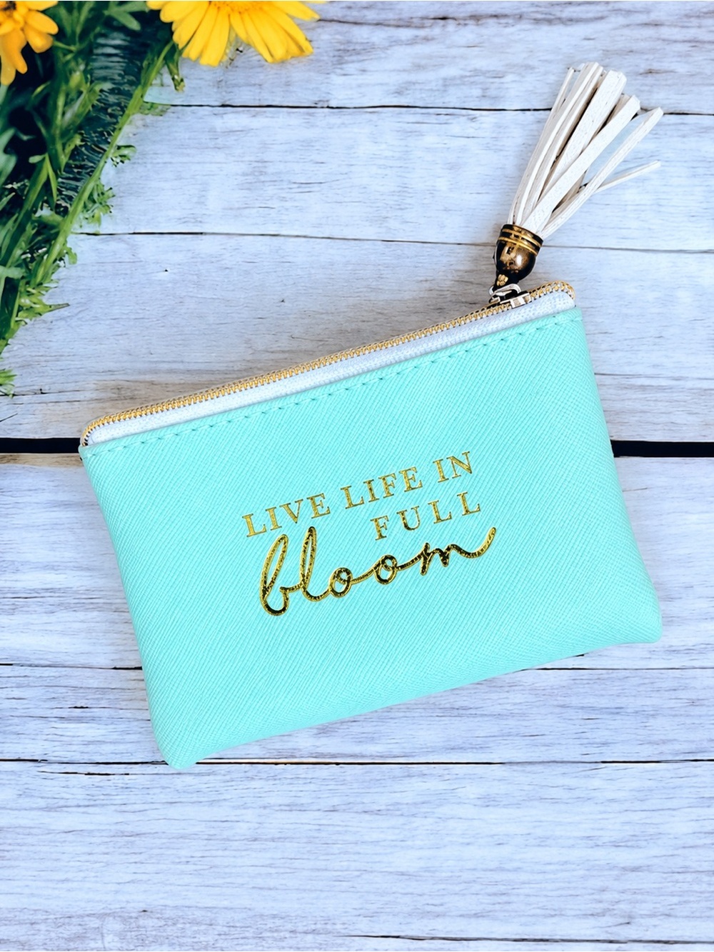 PAPYRUS Mint Turquoise Zip Coin Purse Pouch White Tassel Card Holder Wallet